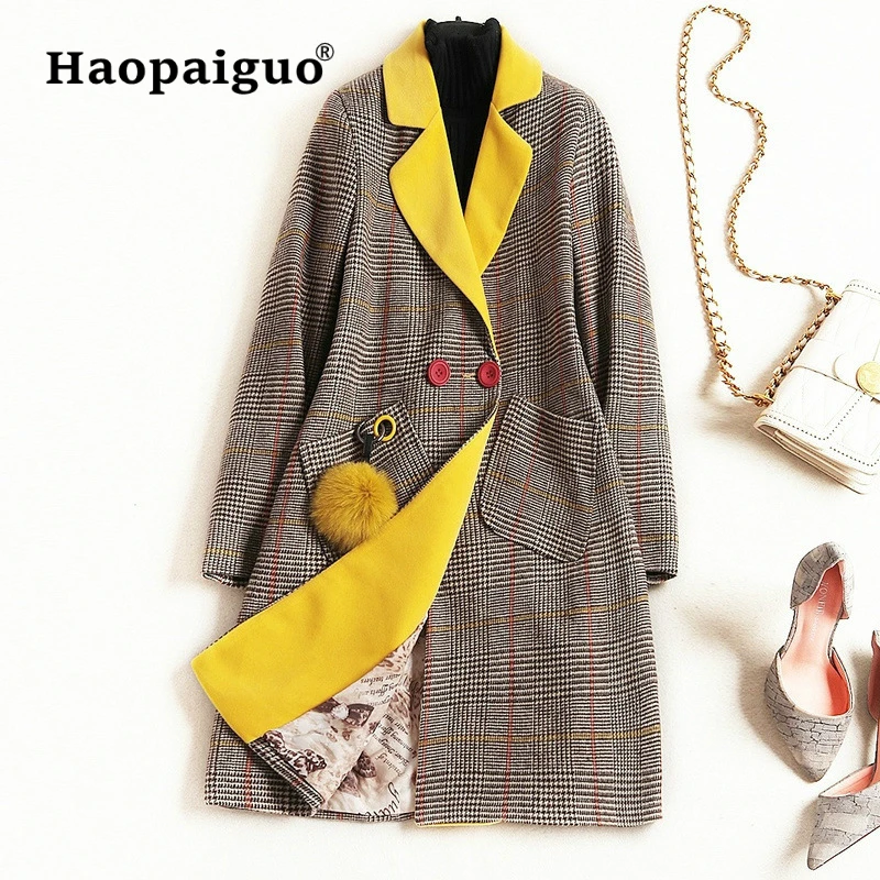 

Plus Size Autumn Women's Wool Coat Contrast Color Long Woolen Coat Single Breasted Slim Type Female Autumn Winter Wool Coats