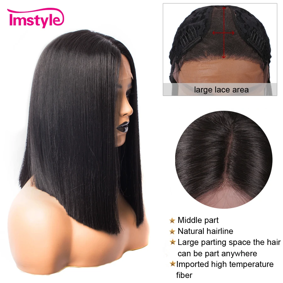 Imstyle Straight Short Bob Black Wigs Synthetic Hair Lace Front Wigs For Women T Part Cosplay Natural Wig Glueless 14 inches Imstyle Straight Short Bob Black Wigs Synthetic Hair Lace Front Wigs For Women T Part Cosplay Natural Wig Glueless 14 inches
