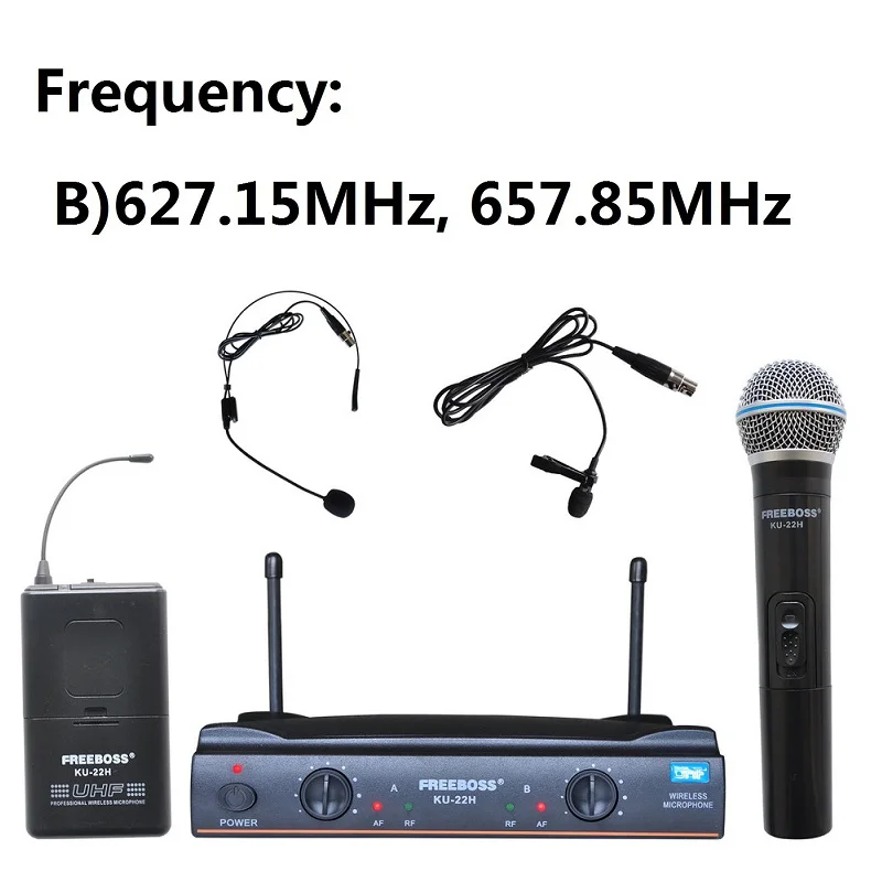 Freeboss KU-22H UHF двухканальная Mic передатчик профессиональный караоке Беспроводной гарнитура+ нагрудные+ ручной микрофон - Цвет: Frequency 627 657