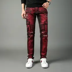 High Street Хип-хоп джинсы мужские большие карманные штаны-карго красный цвет Slim Fit рваные джинсы высокого качества Брендовые мужские