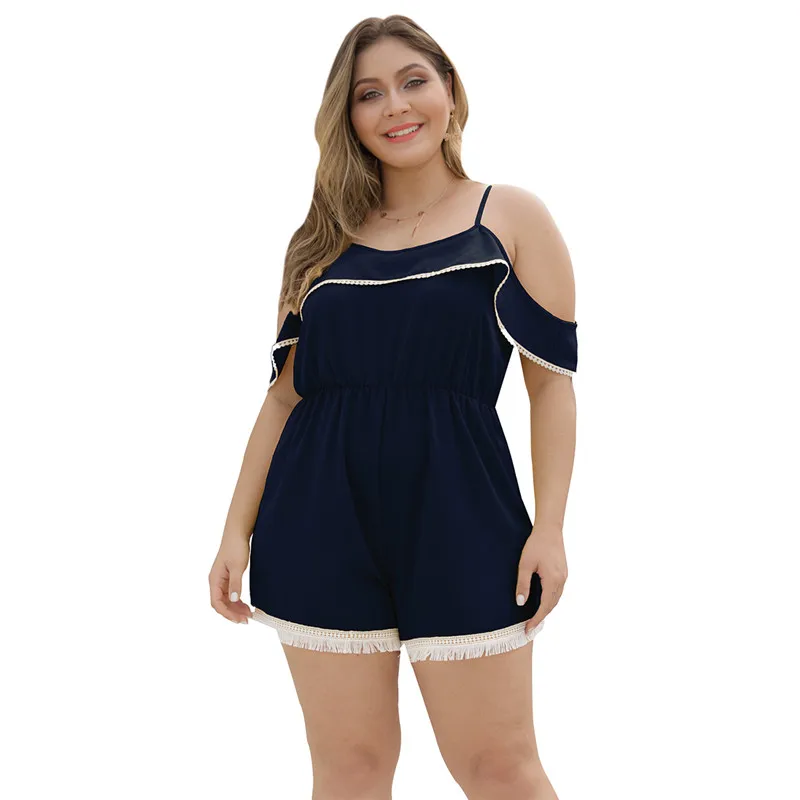 

Women Jumpsuit Plus Size Lace Tassel Ruffled Strapless Shoulder Sling Large Size Casual Vacation Playsuit Siamese Shorts Rompers