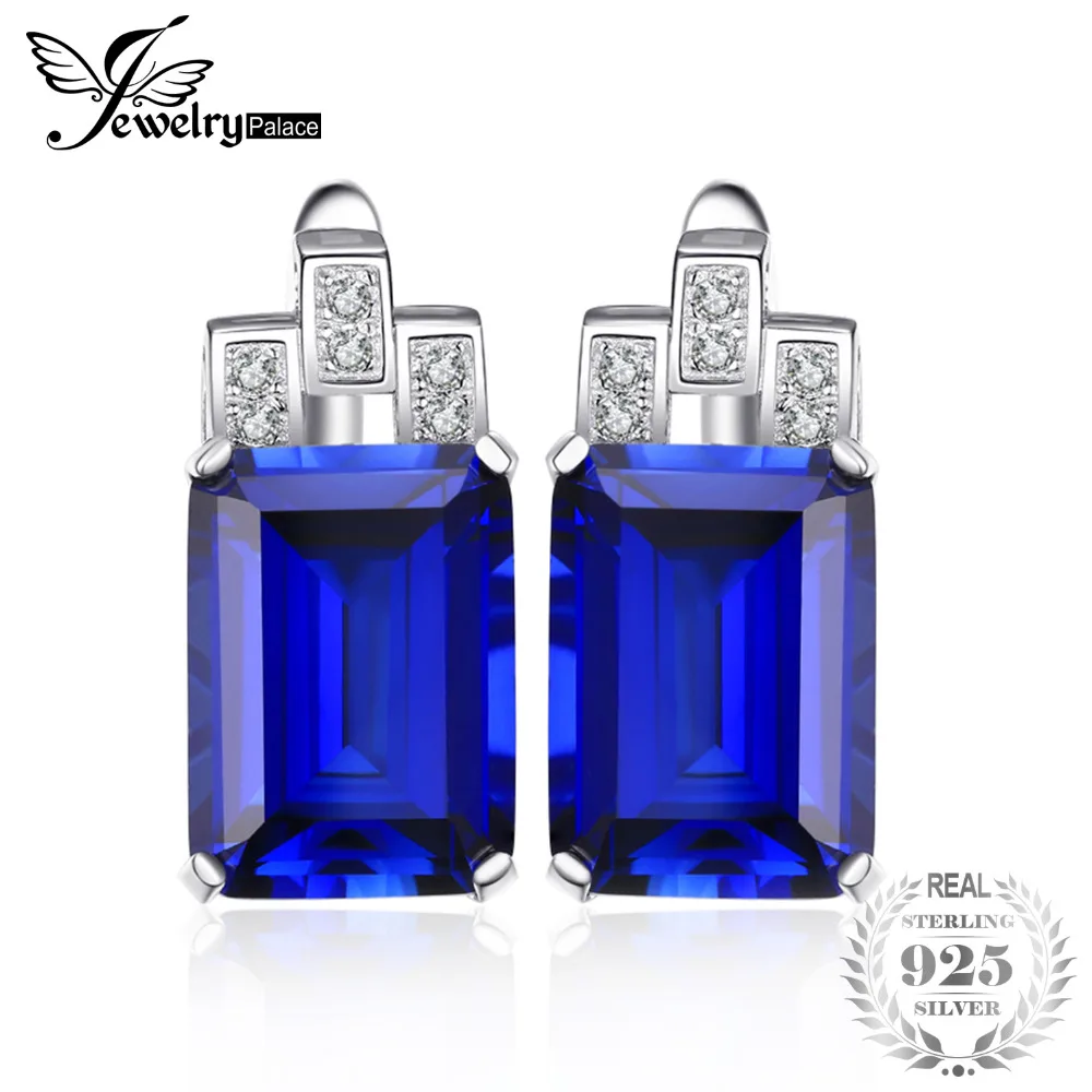 

JewelryPalace Luxury Emerald Cut 12.1ct Blue Created Sapphires Clip On Earrings Real 925 Sterling Silver Jewelry Fashion Earring