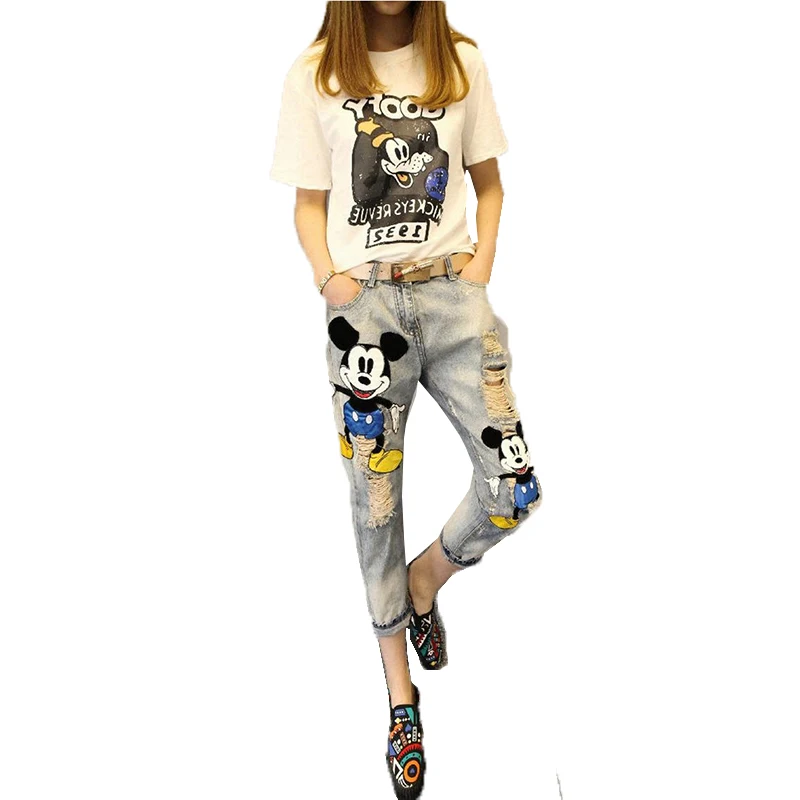 

2019 Spring Autumn Women Fashion Cartoon Embroidery Hole Nine Points Jeans Ladies Korean version Slim Section Harem Pants Tide