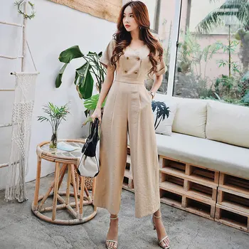 

Dabuwawa Khaki Wide-Leg Casual Jumpsuits for Women Girls Office Lady Double-Breasted Short Sleeve Elegant Rompers DN1BJP003