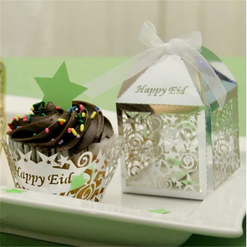 50pcs Gold Silver Happy Eid Mubarak Paper Gift Party Favors Box Ramadan
