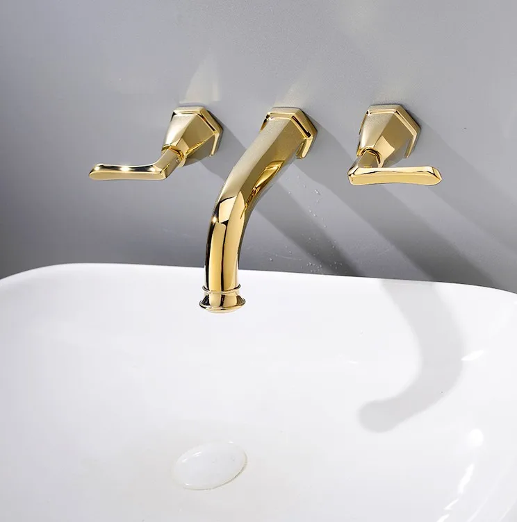 Free shipping polished gold wall mounted solid brass double handles