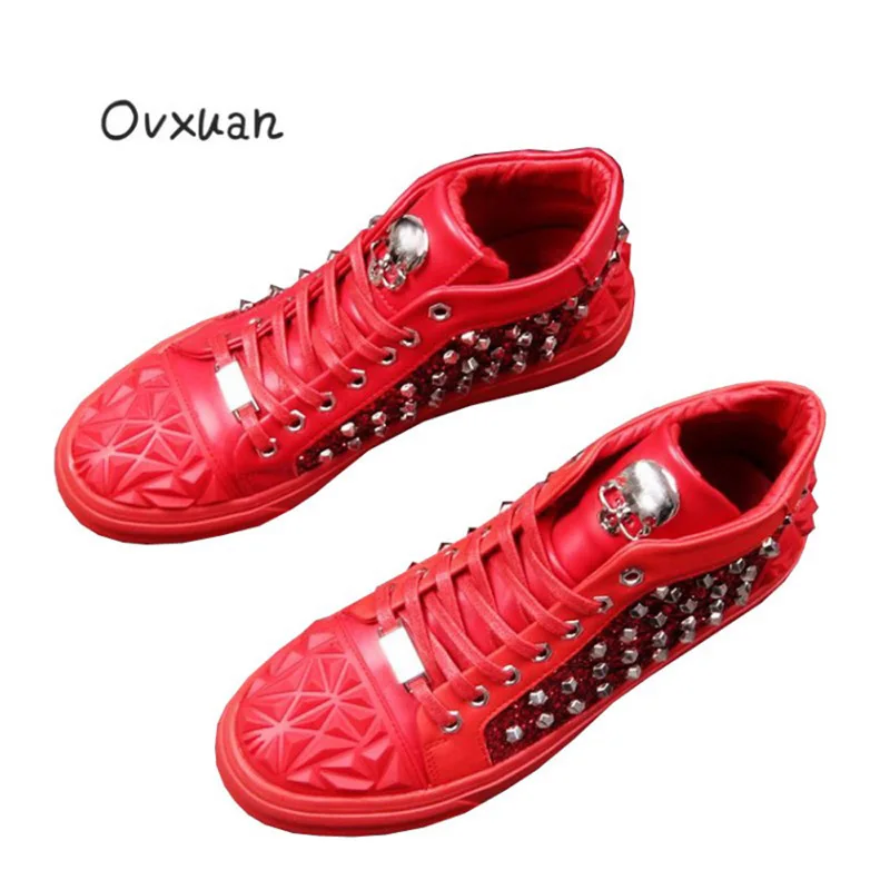 

Metal Skull Split Leather Rivet Platform high top shoes Men Flats Male Luxury Party Club Prom Dress Loafers Shoes zapatos hombre