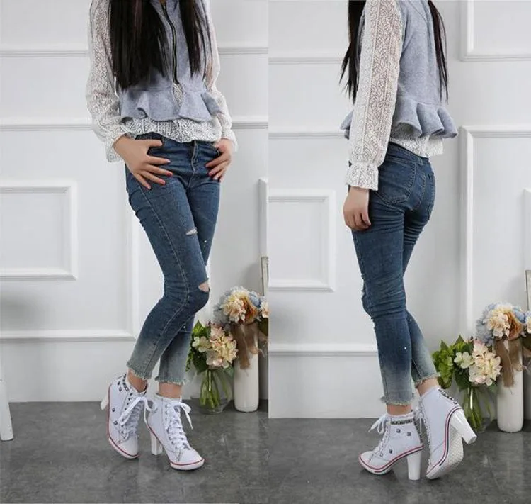 Женская джинсовая парусиновая обувь; повседневная обувь на высоком каблуке; zapatos; модная пикантная женская обувь на высоком каблуке в ковбойском стиле; женские парусиновые туфли-лодочки с заклепками; MC-53