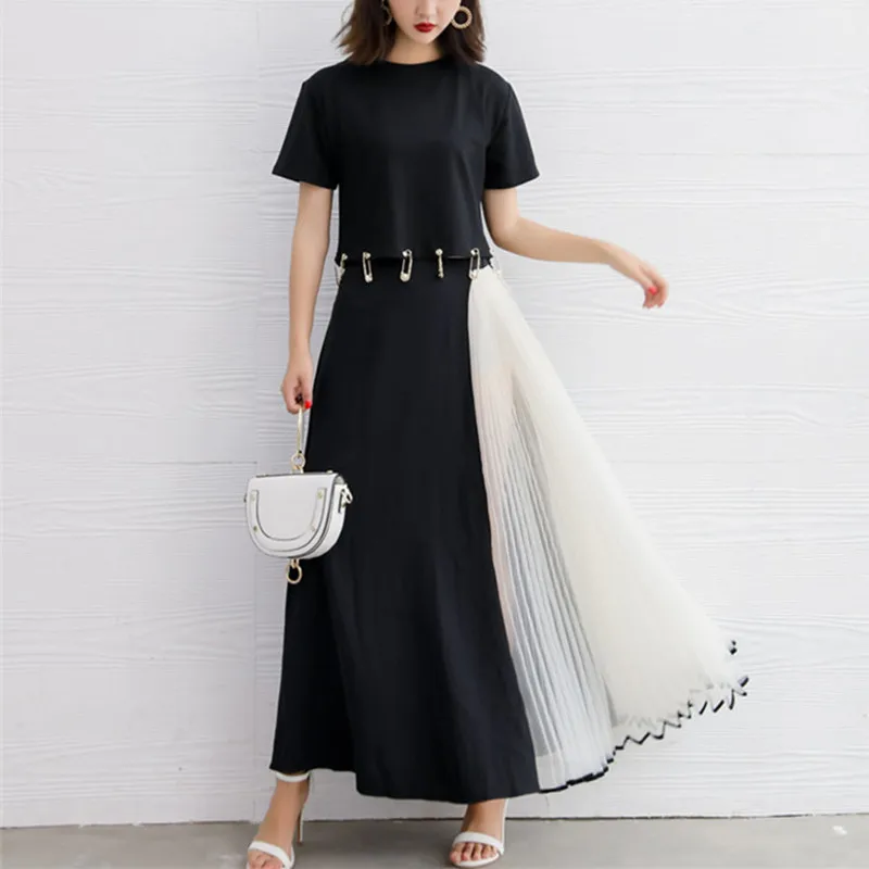 Прозрачная юбка в складку с сеткой, летняя Новинка, уличная одежда, женские длинные юбки длиной до щиколотки в стиле пэчворк