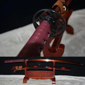 

clay tempered handmade full tang red folded steel Damascus forged practical Katana with hi Japanese Samurai Sword iron tsuba