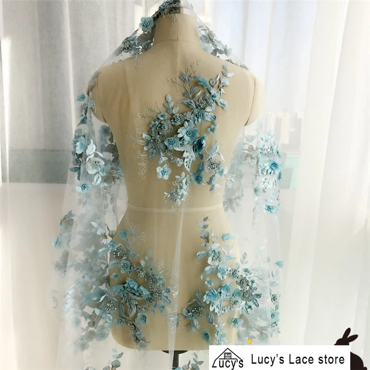 

1 Yard Blue beaded lace fabric 3d petals flowers appliqued tulle mesh lace embroidery high end 2018 NEW