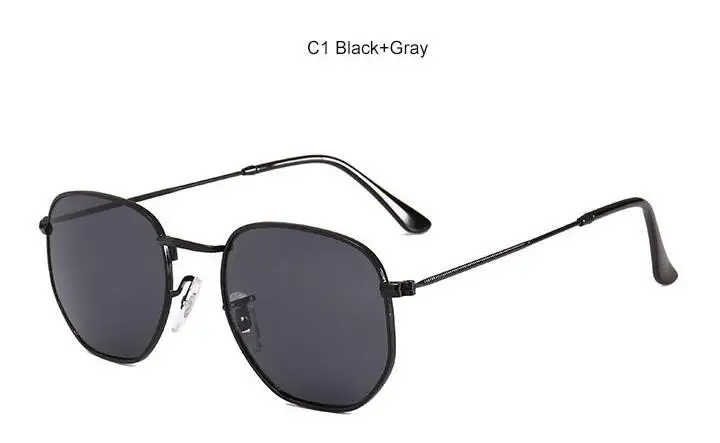 C1 black gray Летние черные мужские маленькие солнцезащитные очки, брендовые дизайнерские женские роскошные классические шестигранные солнцезащитные очки с металлическими плоскими линзами oculos feminino - Цвет линз: C1 black gray