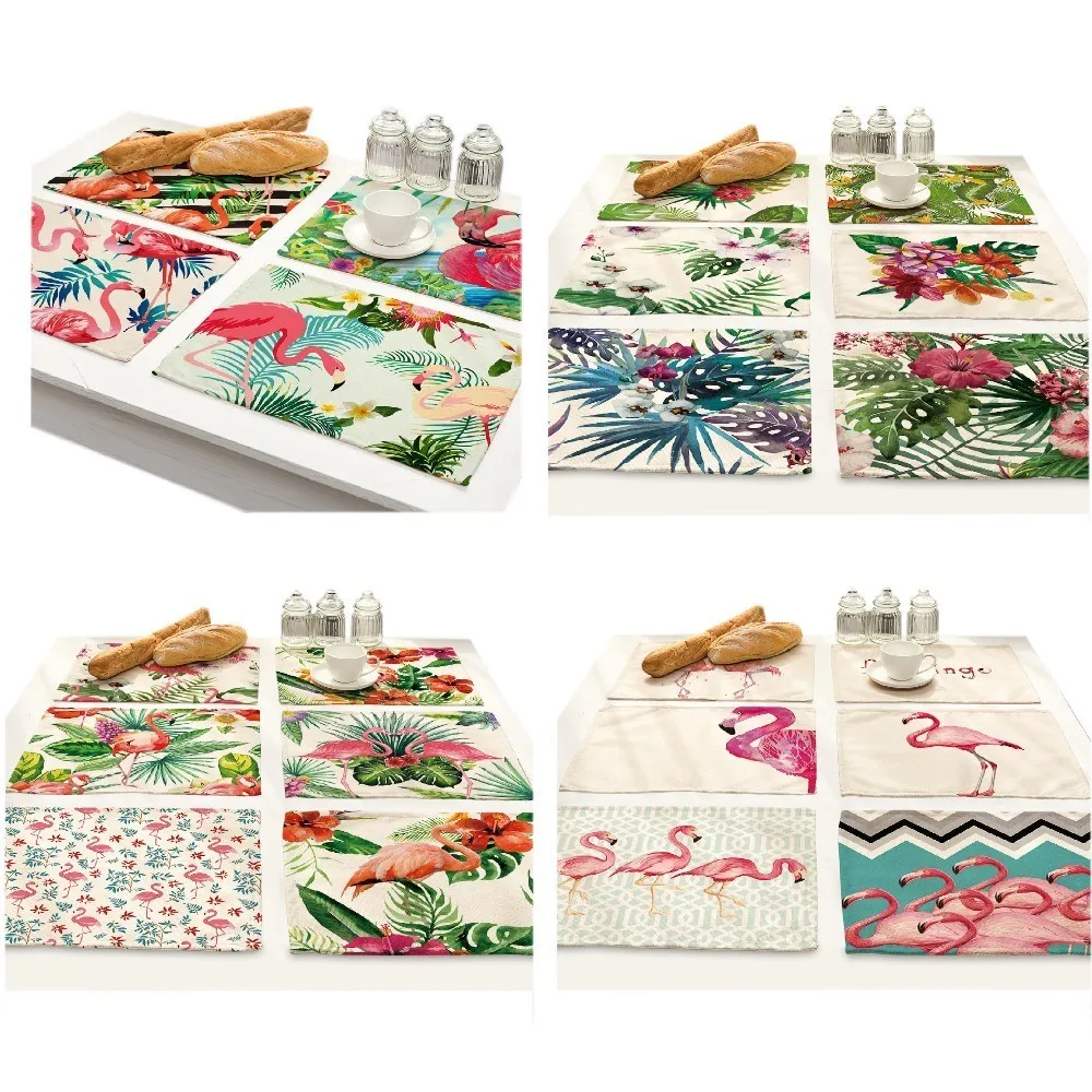 Tropic Plant Flower Bird Table Mat Flamingo Printed Cloth Placemats Coaster Kitchen Accessories Decoration Home Waterproof Pad