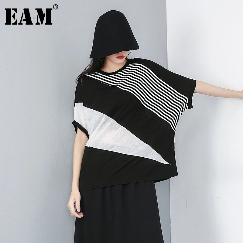

[EAM] 2019 New Spring Summer Round Neck Half Batwing Sleeve Striped Split Joint Loose Big Size T-shirt Women Fashion Tide JU076