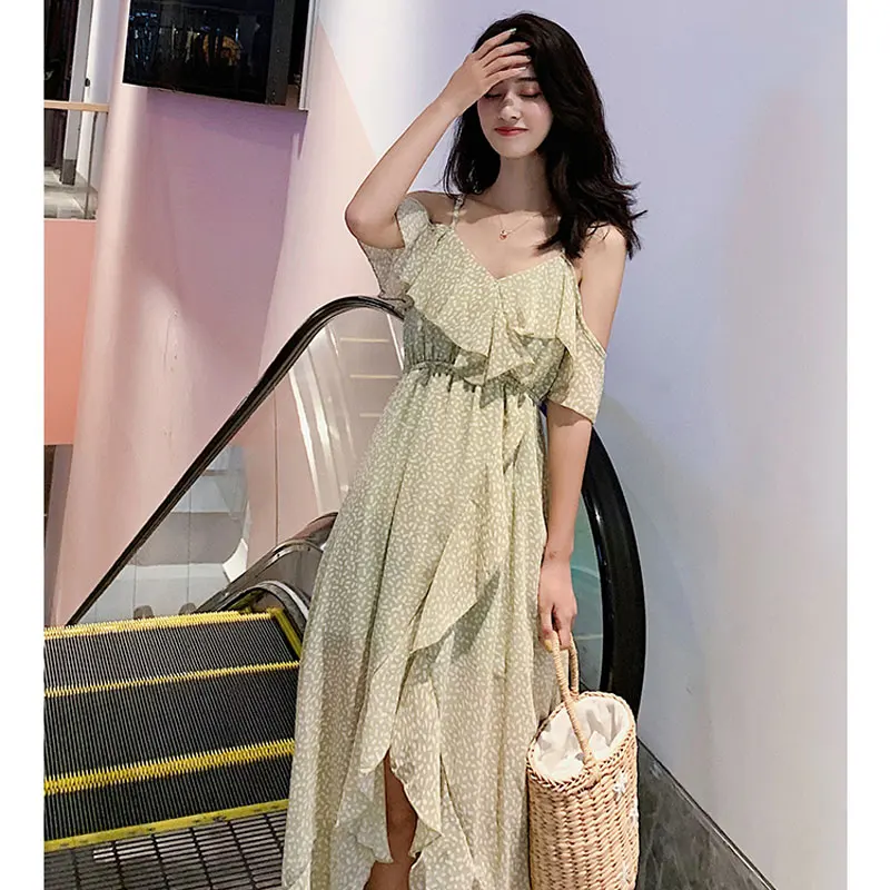 

Summer new women's clothes irregular front short long round dot backless floral dress elastic waist strap strapless fairy dress
