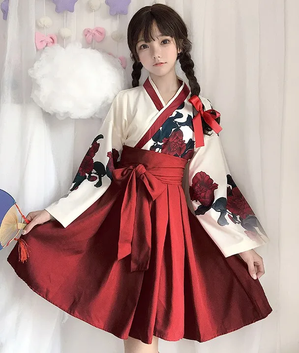 Офис леди студент Hanfu Ретро комплекты для Лолиты милое кимоно лолита v-образным вырезом плиссированные сладкий викторианская Лолита печать