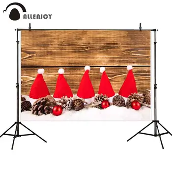 

Allenjoy Christmas photocall background wood wall red Christmas hat Bell Pine cone snow party decoration photo booth Background
