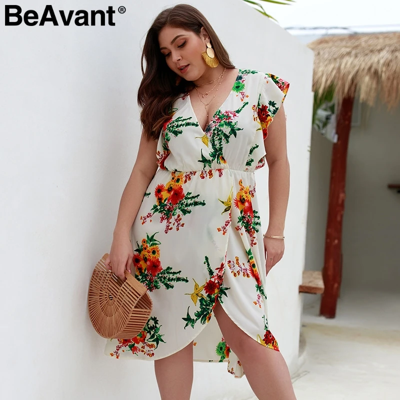

BeAvant Plus size floral print women boho dress V-neck sexy split summer dress casual Bohemian high waist ruffle ladies dresses