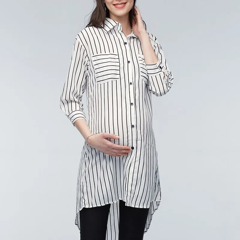 Maternity wear pregnant women tops pregnant women lapel 3/4 sleeve casual loose striped shirt XL oversized personality