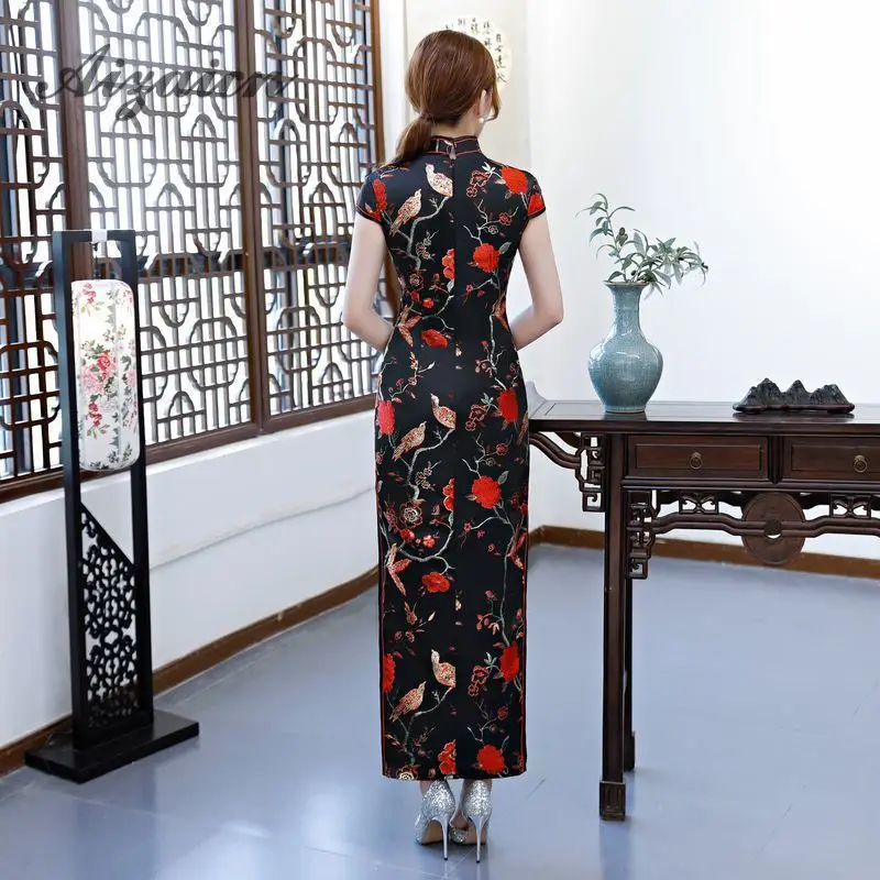 Восточный стиль ретро длинный Cheongsam черный Chinoise тонкий Qi Pao для женщин Китайская традиционная одежда платье Ципао Женская Роба в восточном