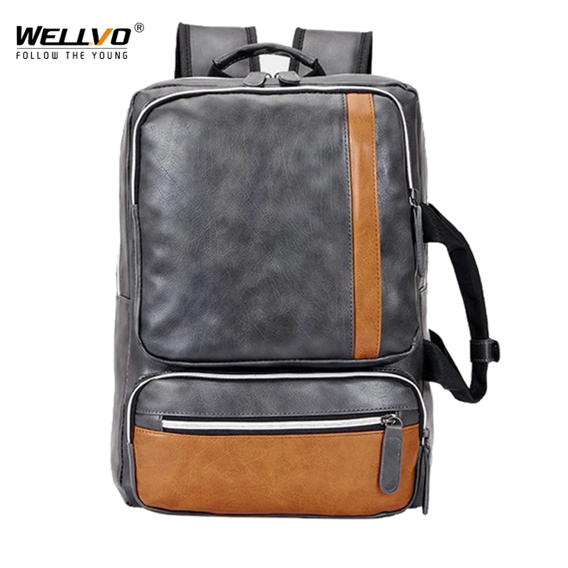 Men PU New Fashion Black Leather Backpack Teenager Vitage Backpacks