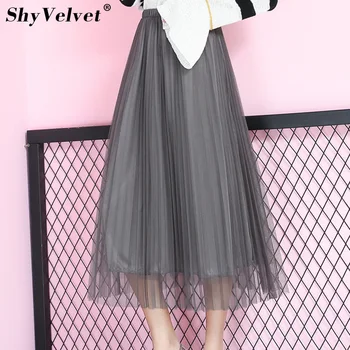 

Summer Chic Long Pleated Tulle Skirt Straight Solid Mesh Elastic Waist Skirts Female Jupe Longue Gray Black Apricot