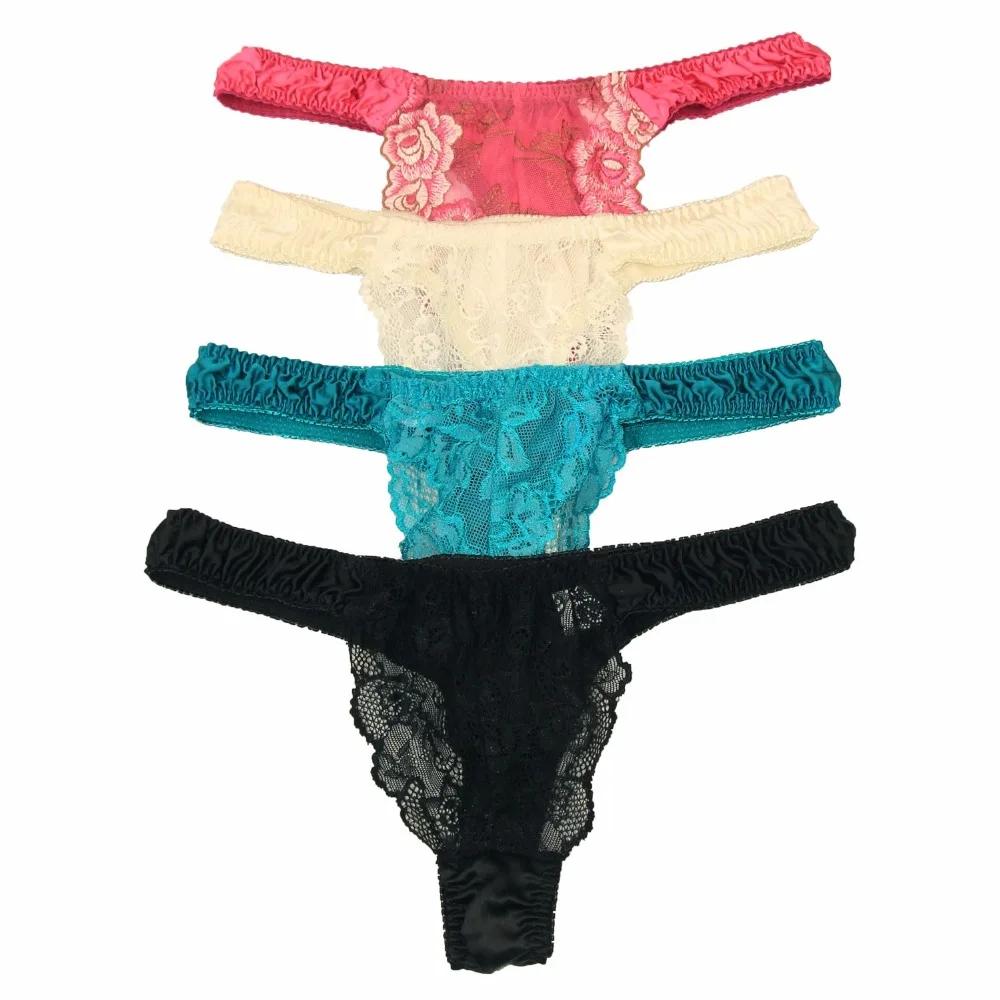 Women Silk Thong 4 Pairs Women's Pure Silk Lace Thong Underwear Size S