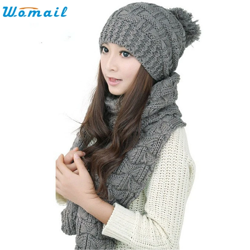 

WOMAIL delicate Fashion New cap nacpback Unisex 1Set Women Warm Woolen Knit Hood Scarf Shawl Caps Hats Suit W30