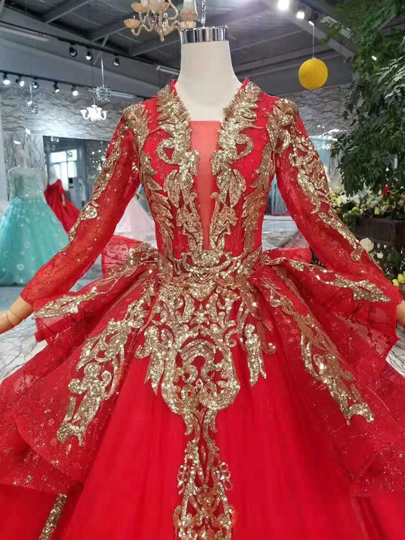 LS11057 роскошное красное свадебное платье с золотым кружевом с длинными рукавами мусульманский вечернее платье Винтаж с шлейфом многослойная юбка