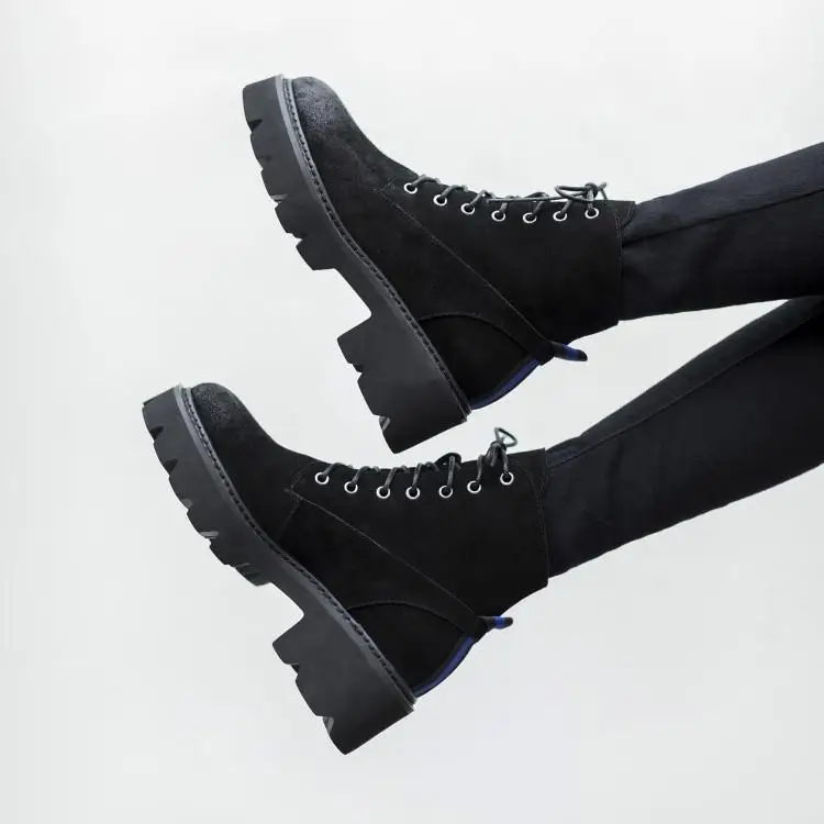 

New Brown Black Suede Ankle Boots For Women Round Toe No-slip Rubber Heel Ladies Booties Cross Tied Winter Shoes Woman Lace Up