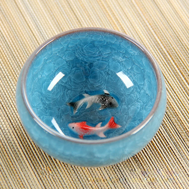 New Design 3D Ceramic Golden Fish China tea Cup Kung Fu Tea Cup Set Crackle Glaze Travel Tea Bowl Chinese Porcelain Teacup Sets