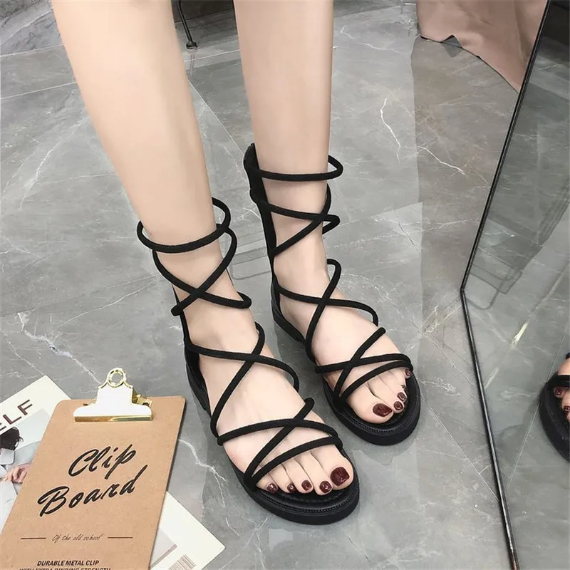 

HEE GRAND Women Shoes Rome Cross-tied Cover Heel Sandals Summer 2019 New Fashion Flock Zip Solid Slip On Lady Flat Shoes XWZ5739