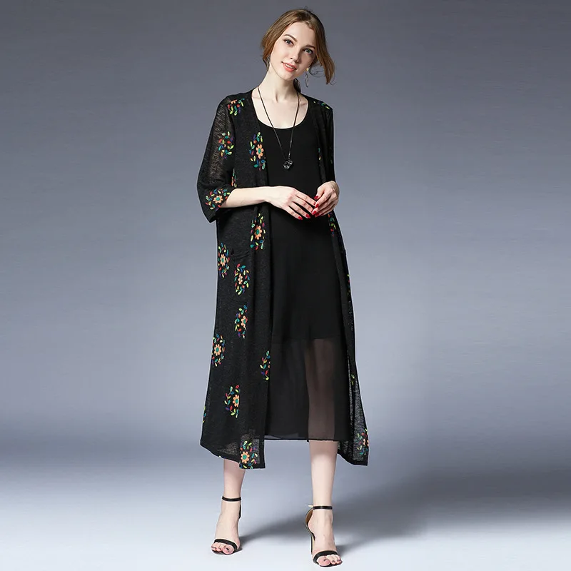 Long Kimono Cardigan Women Maxi Large Size Open Shirt 2018 Summer Autumn Flower Knitted Sun Protection 2572LY | Женская одежда