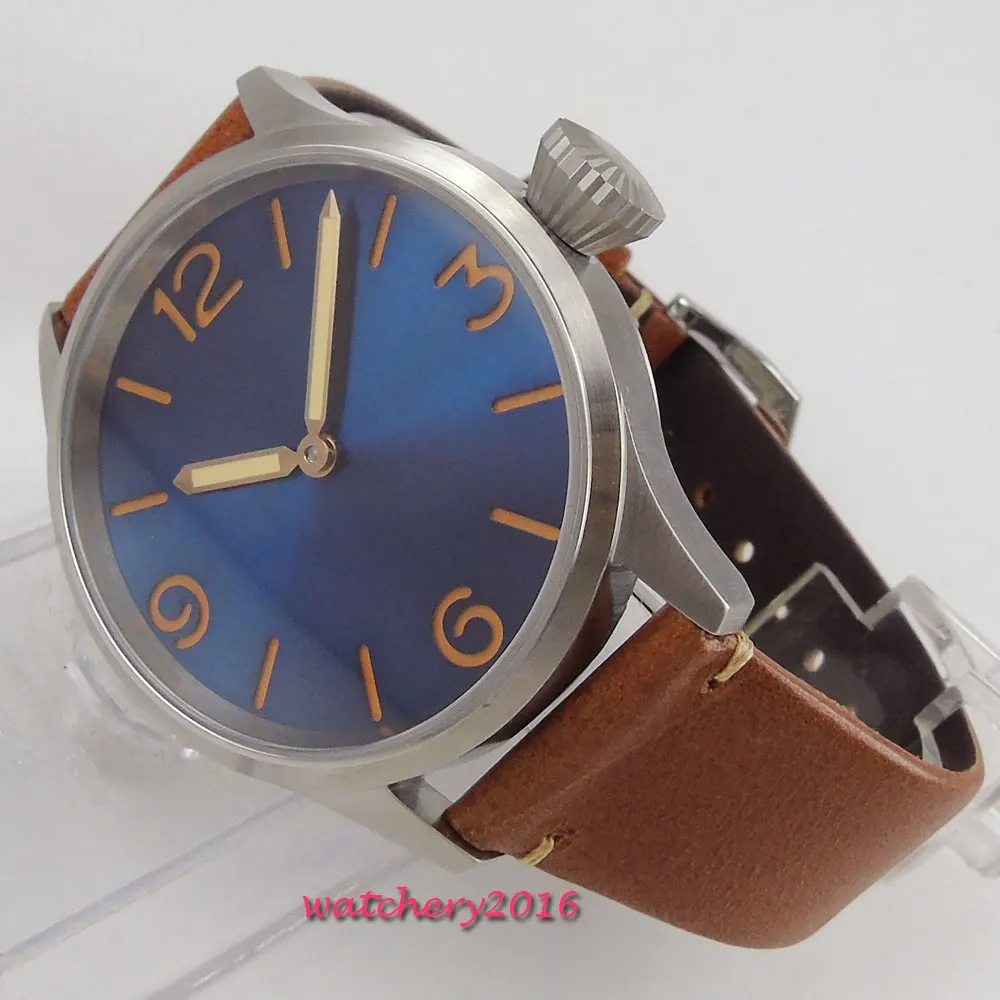 

43mm PARNIS Blue Dial Steel Case 17 Jewels movement Hand Winding Mechanical men's Watch