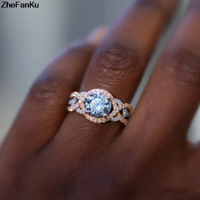 

Elegant Zircon Rose Champagne Round Gem Clear CZ Crystal Plated Rose Gold Ring For Women Anillo Bijoux Femme Jewelry