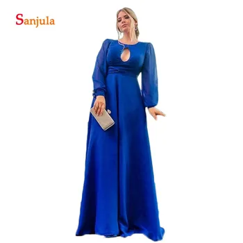 

Royal Blue Chiffon A-Line Evening Dresses Scoop Keyhole Front Sexy Evening Party Gowns Long Sleeve Prom Dresses D418