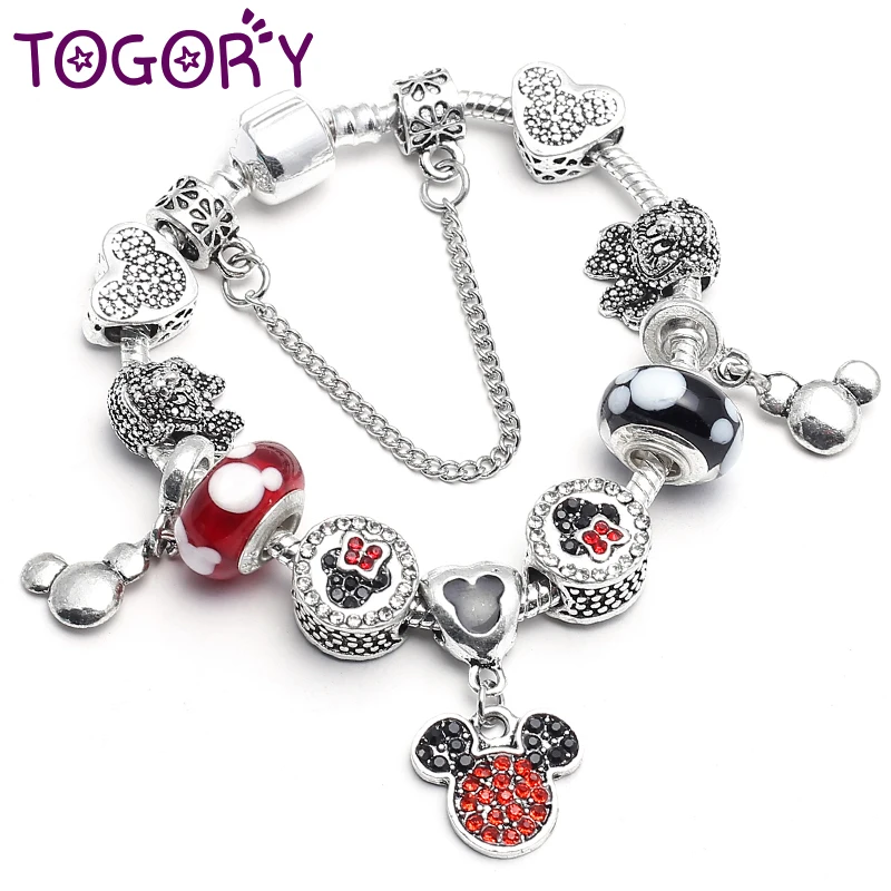 

TOGORY Luxury Silver Charm Bracelet for Women With High Quality Mickey Murano Glass Beads Brand Bracelet Cartoon Element Gift