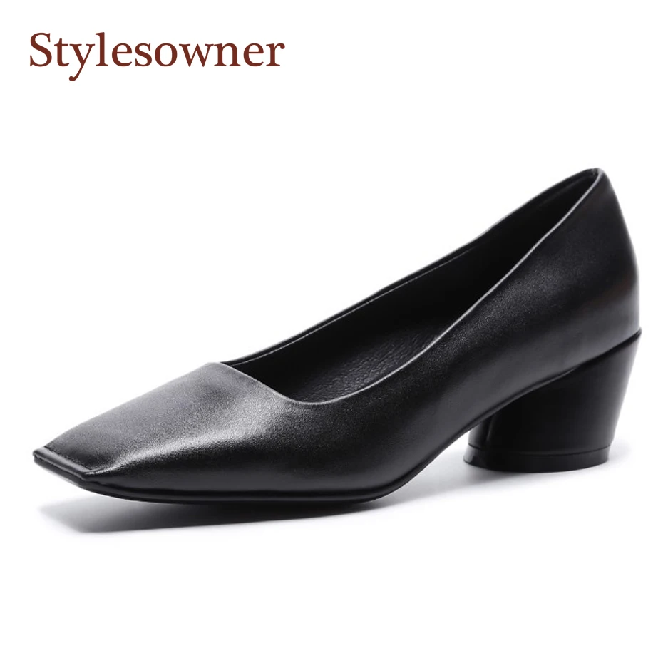 Stylesowner 2018 leather women single shoes 5cm chunky heel square toe ...