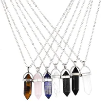 Hexagonal Column Silver Chain Necklace Women Natural Turquoise Agate Amethyst Stone Crystal Pendant Necklace Female Jewelry Gift yumten grey agate necklace female natural stone power crystal coin rainbow choker charm chain reiki women vintage jewelry men