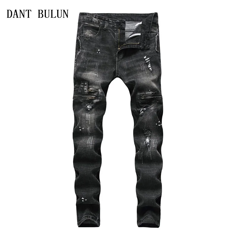 DANT BULUN, высококачественные мужские рваные байкерские джинсы, хлопковые черные облегающие мужские мотоциклетные штаны, мужские винтажные джинсовые брюки на молнии