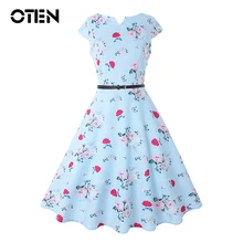 OTEN 2018 Plus Size 4XL Women summer clothes Cap Sleeve Flower Printed A Line Elegant party outfit Ladies dress vestidos 50s 60s