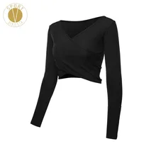 V-neck Long Sleeve Wrap Crop Top – Women’s Yoga Dance Run Train Workout Gym Sexy Slim Fit Tight Long Cropped Shirt T-shirt
