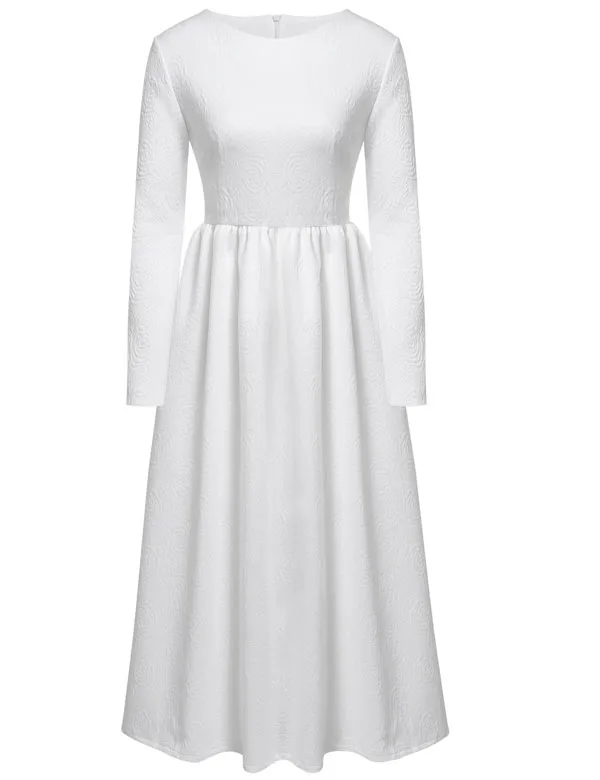 Women Casual Solid White Long Maxi Dress Fashion O Neck Long Sleeve