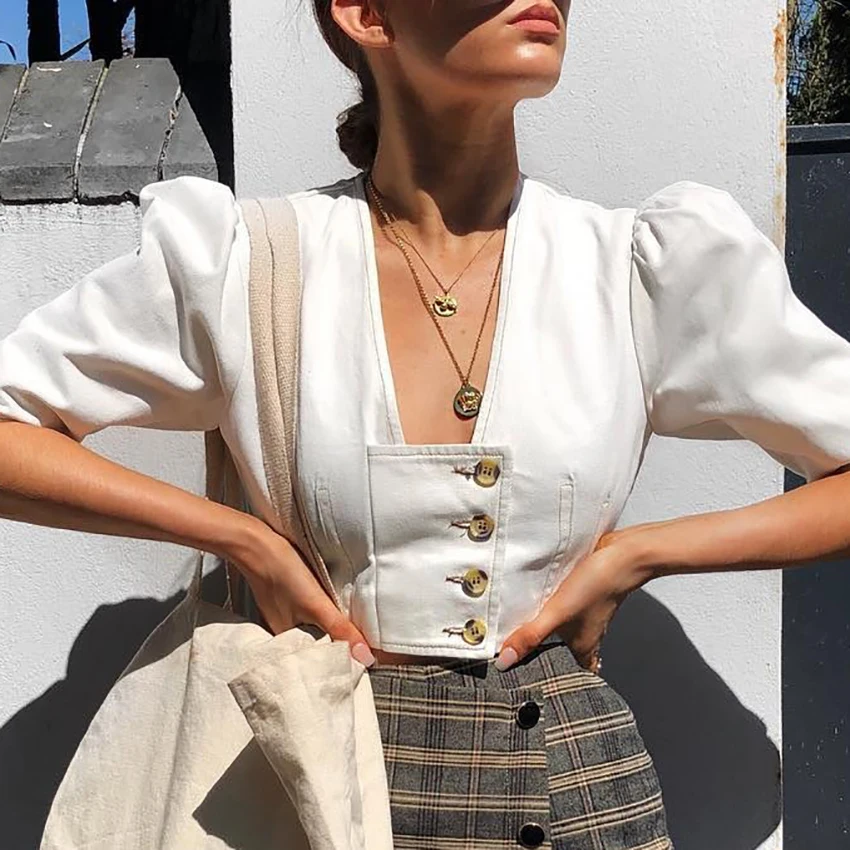 OOTN летняя белая рубашка Для женщин Туника Блузки с буфами и короткими рукавами