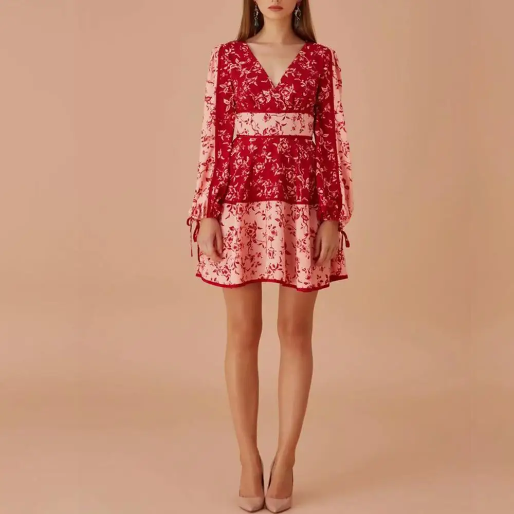 

Summer patchwork pattern dress women V neck Floral print high waist full sleeve bowknot cuff Casual mini dress vestidos femme
