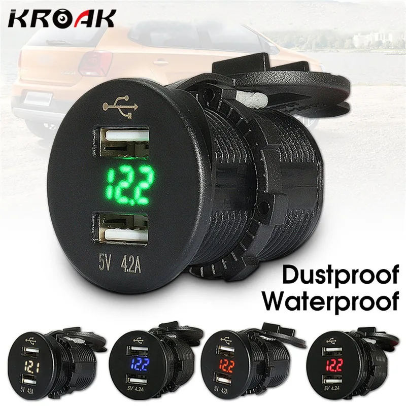

LED 5V 4.2A Dual USB Car Charger Lighter Socket Heat Resistance Plastic Car Cigarette Lighter Voltmeter 12/24V 5 Colors