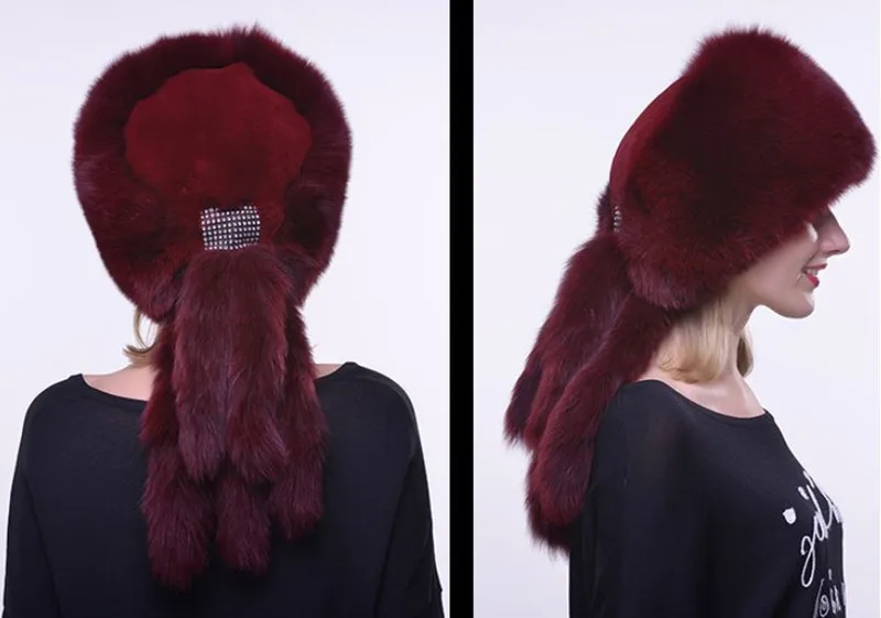 Зимняя Новинка, шапка с лисой, женская кожаная теплая меховая шапка с ушками, модная меховая многоконцевая шапка