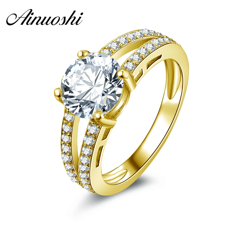 

AINUOSHI 10k Solid Yellow Gold Wedding Rings Women Engagement Gift Round Cut 2 ct Luxury Brilliant Simulated Diamond Joaillerie