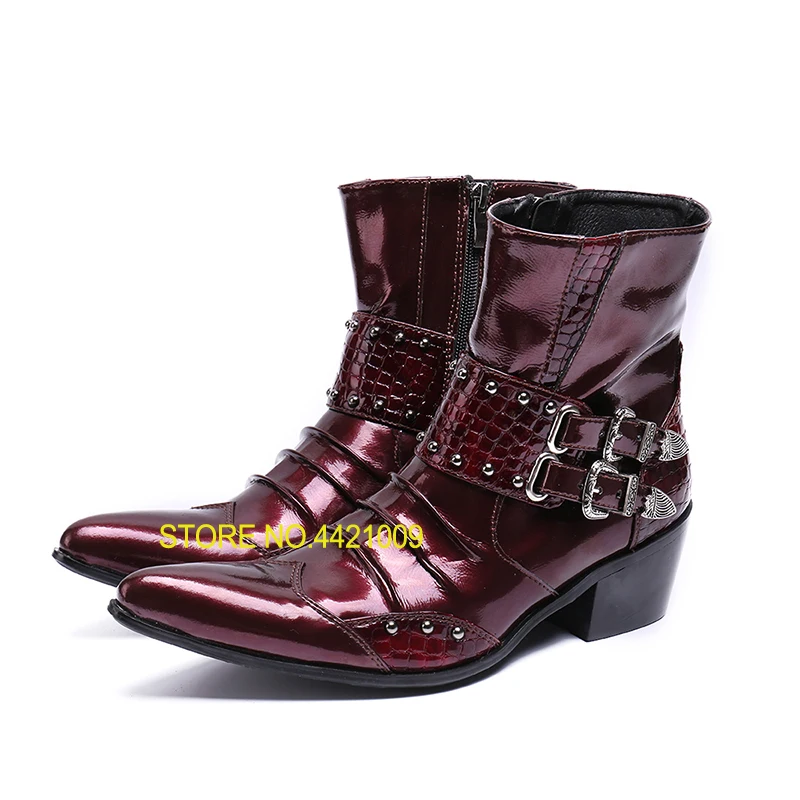 

2018 autumn pointed toe men genuine leather Dress Ankle boots Men Height Increased buckle strap motorcycle Boots sapatos