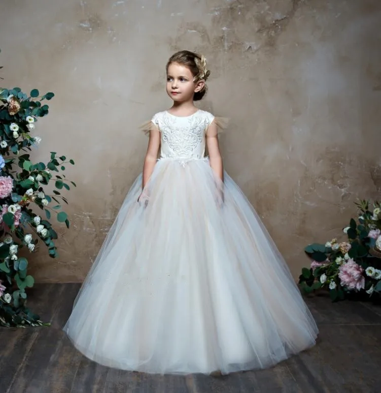 

2019 royal princess sheer back champagne and ivory lace wedding flower girl dresses first communion gown with long train bow